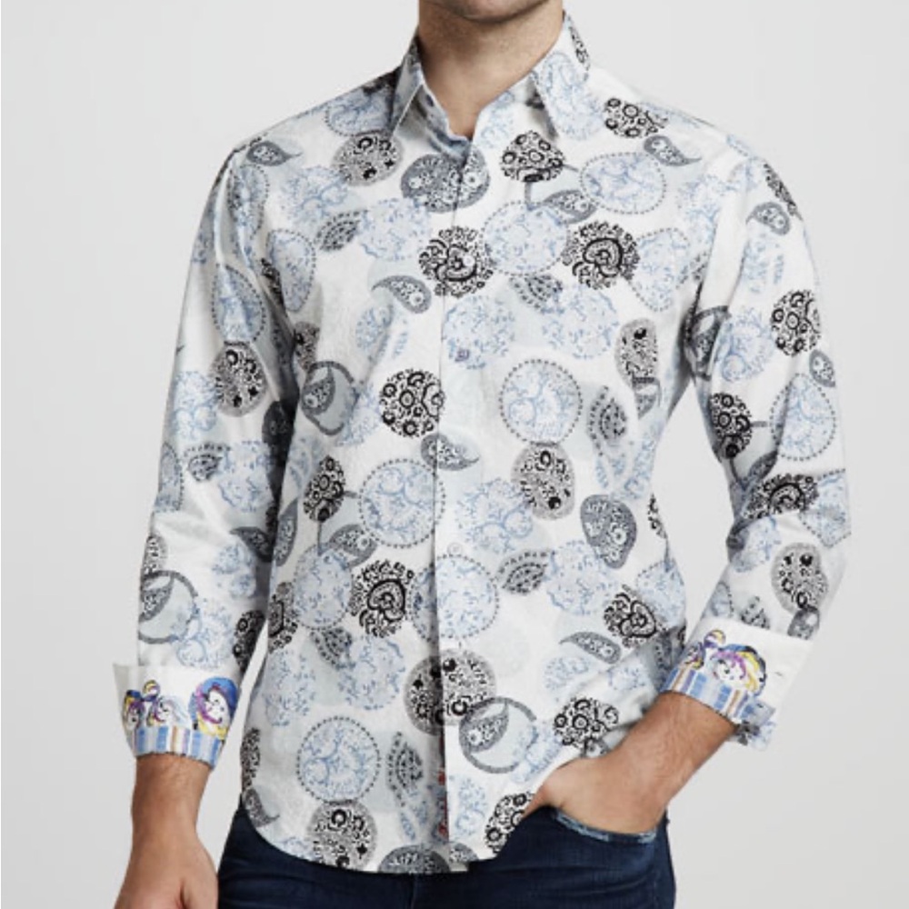 Robert Graham Moeini Sport Blue Embroidered Flip Cuff Shirt Large